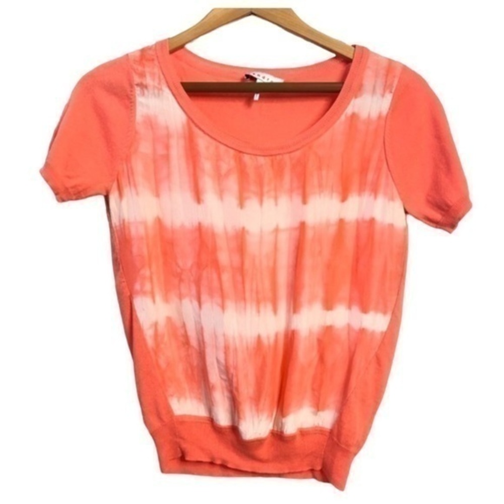 Sandro in Paris Silk Tie Dye Blouse Coral Orange Short Sleeve Sweater Crew Neck